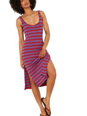 Anthropologie Celandine Knit Midi Dress Coastal Stripe Slit Red Blue Medium NWT